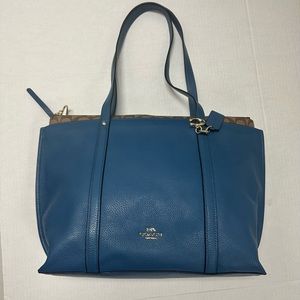 Blue leather Coach tote with brown signature strip on top